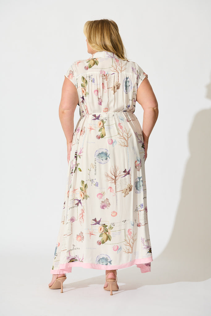 PRE ORDER Seashell Skies Maxi Shirt Dress in White with Multi Shell back