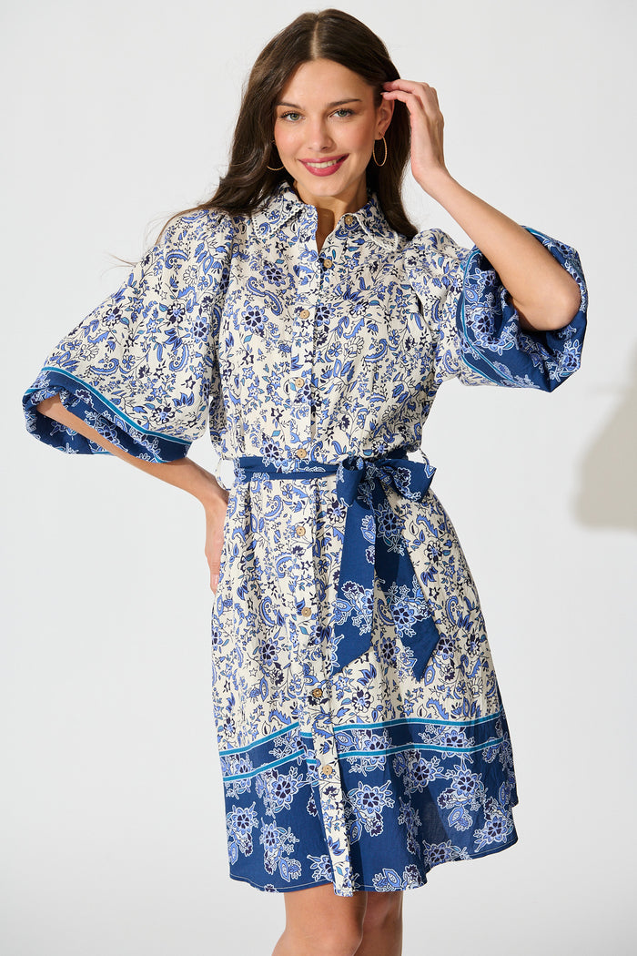 Robilyn Shirt Dress in Cream with Blue Boho Floral Linen Blend front
