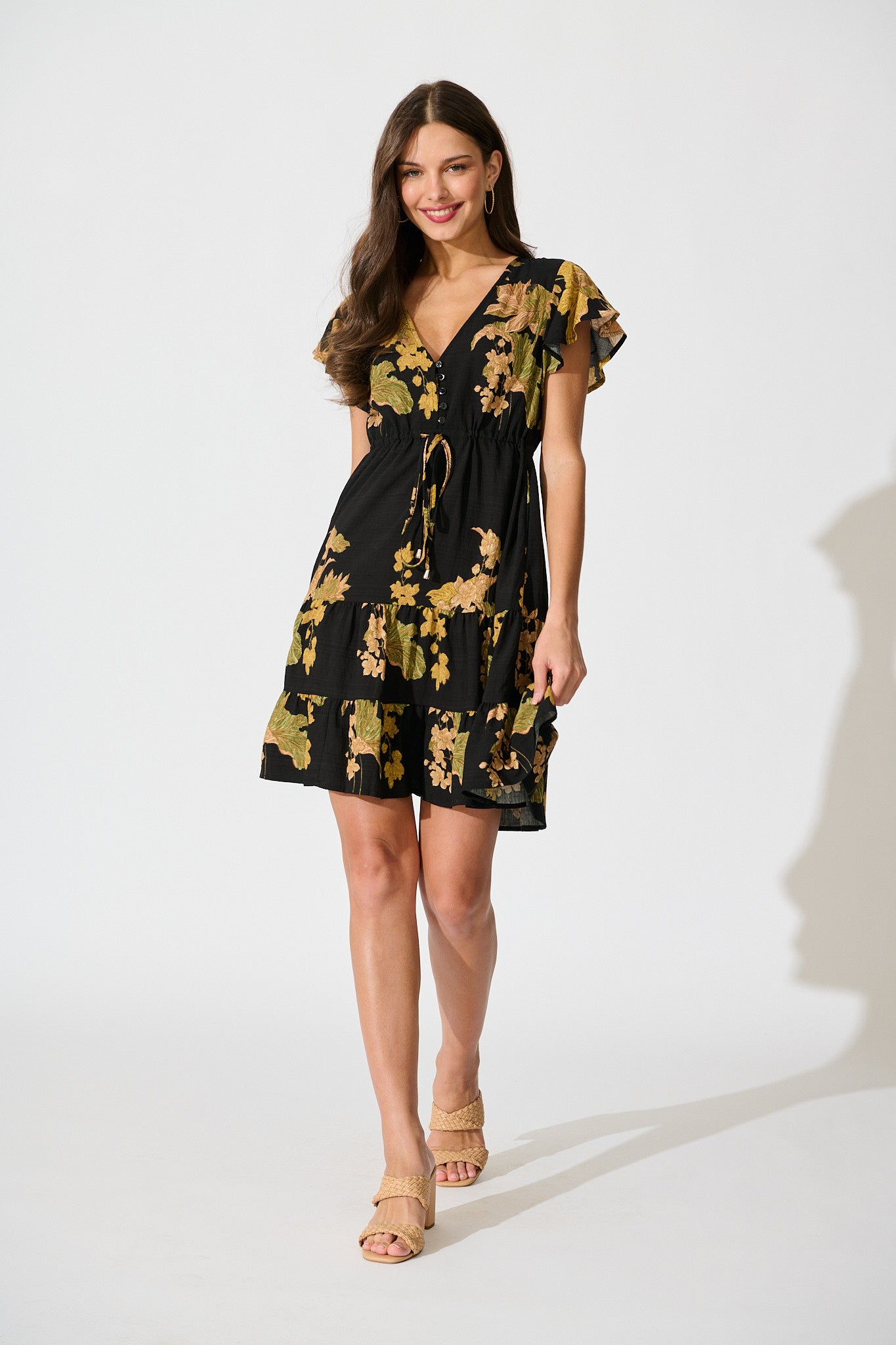 Rian Dress in Black Floral Linen Blend full length