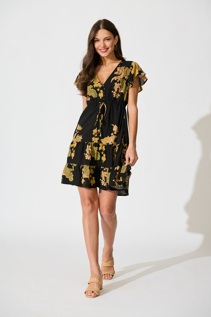Rian Dress in Black Floral Linen Blend full length