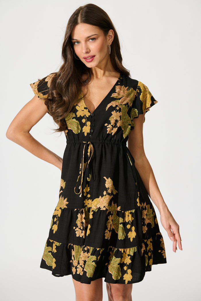 Rian Dress in Black Floral Linen Blend front