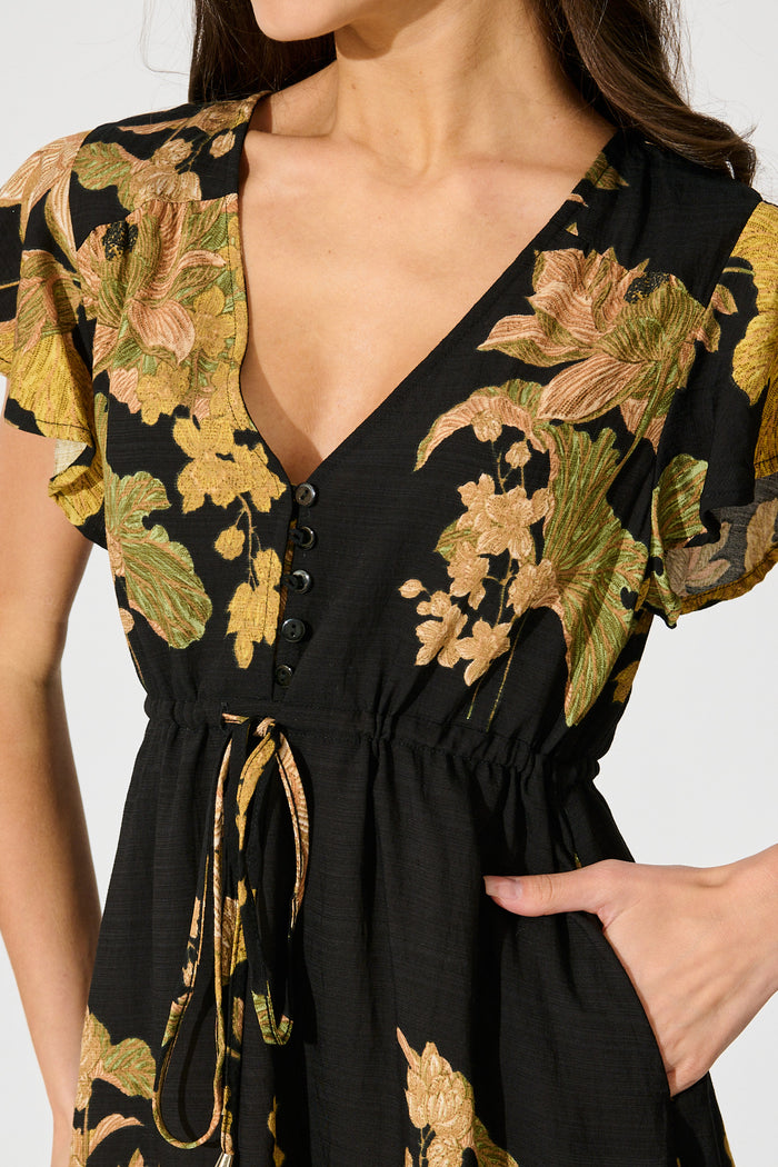 Rian Dress in Black Floral Linen Blend detail