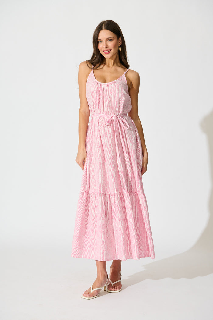 Anisa Maxi Sundress in Pink Stripe Cotton full length