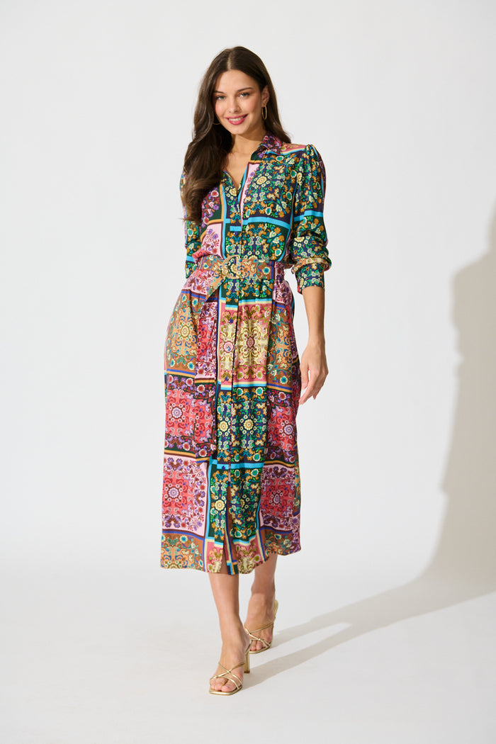 Zoey Maxi Shirt Dress in Brown and Multi Patchwork Floral full length