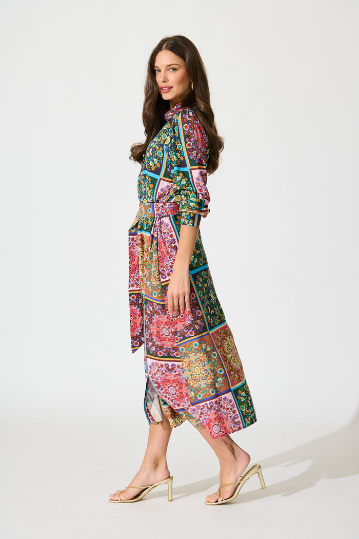 Zoey Maxi Shirt Dress in Brown and Multi Patchwork Floral side