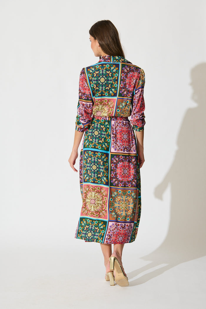 Zoey Maxi Shirt Dress in Brown and Multi Patchwork Floral back