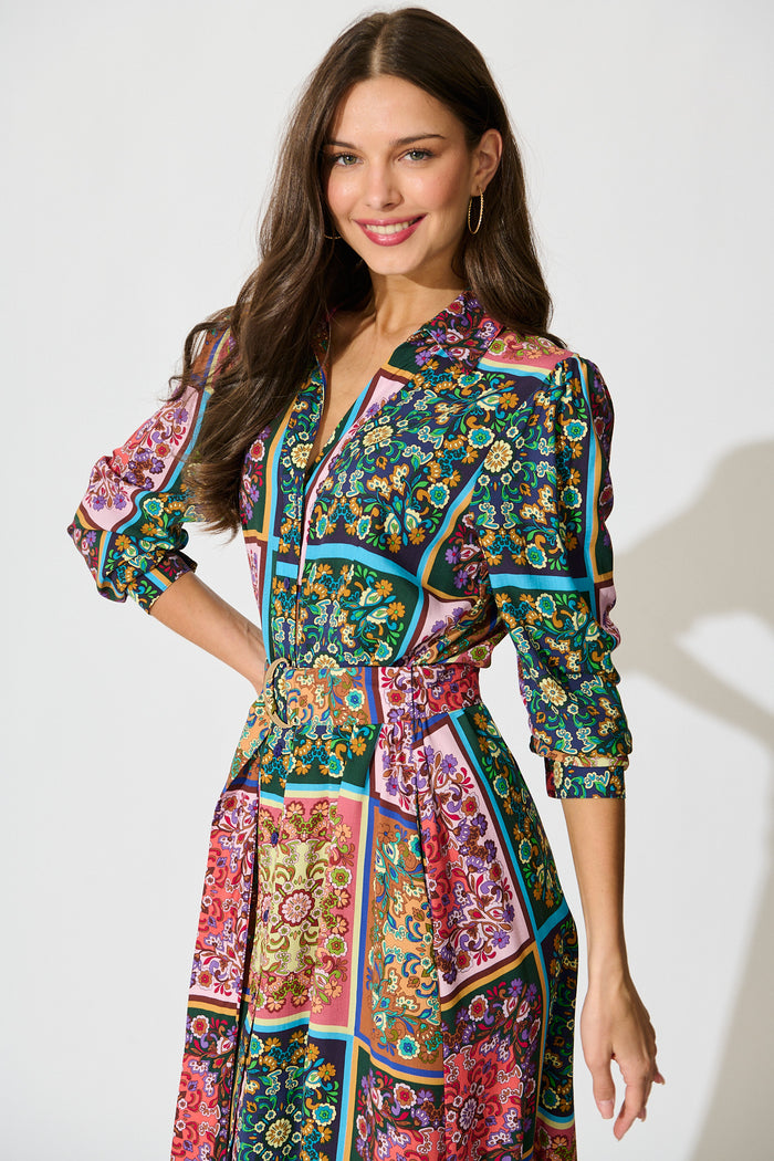 Zoey Maxi Shirt Dress in Brown and Multi Patchwork Floral front