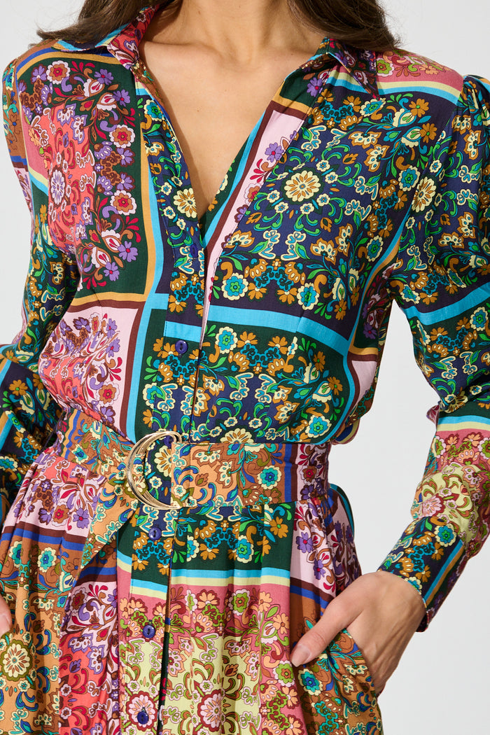 Zoey Maxi Shirt Dress in Brown and Multi Patchwork Floral detail