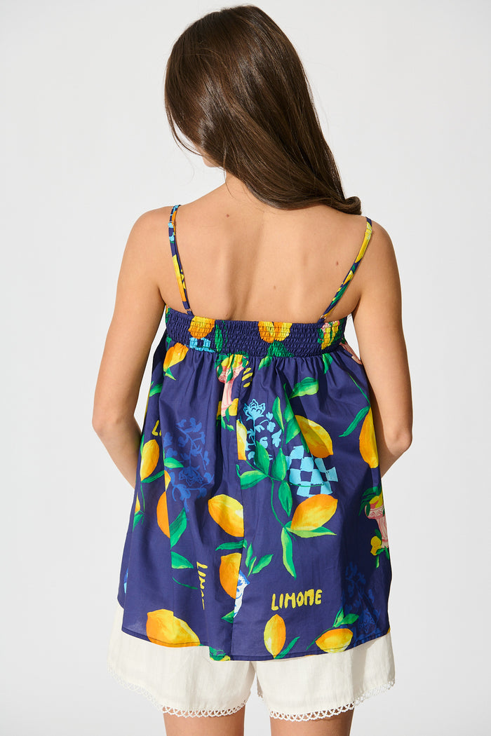 Lemon Zest Top in Navy with Lemon Print Cotton back