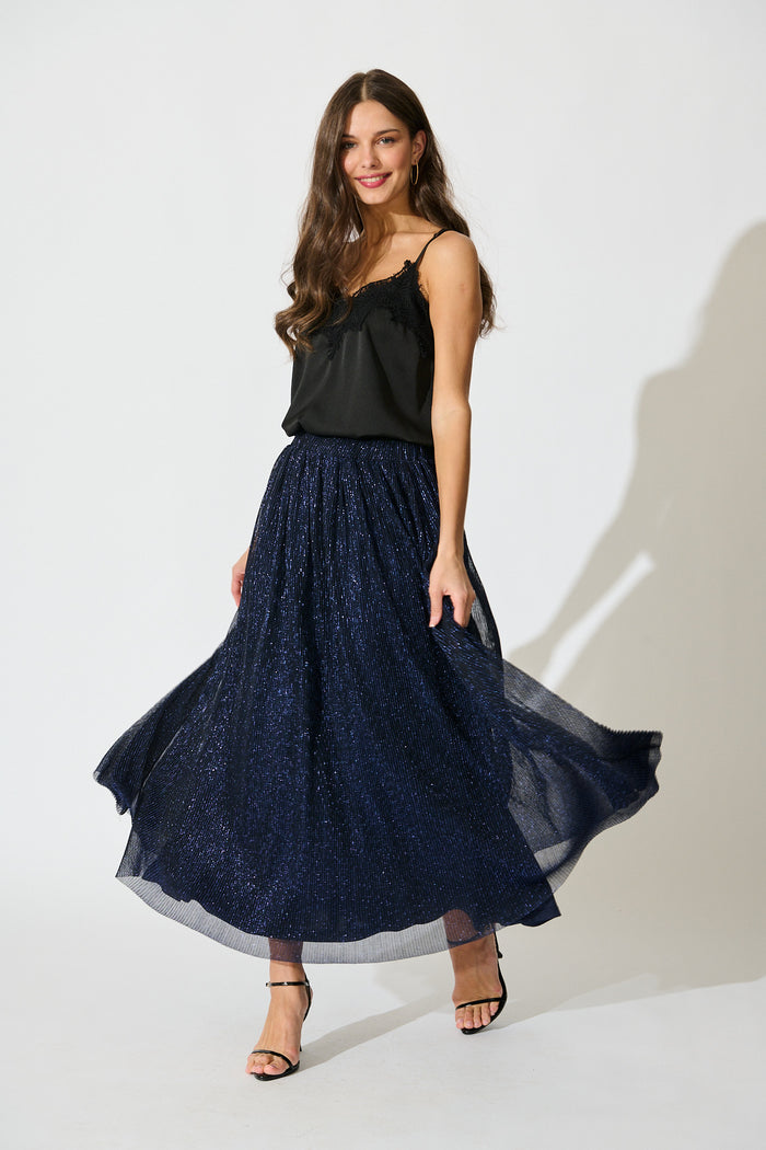 Dip and Dusk Maxi Skirt in Navy Lurex Chiffon full length