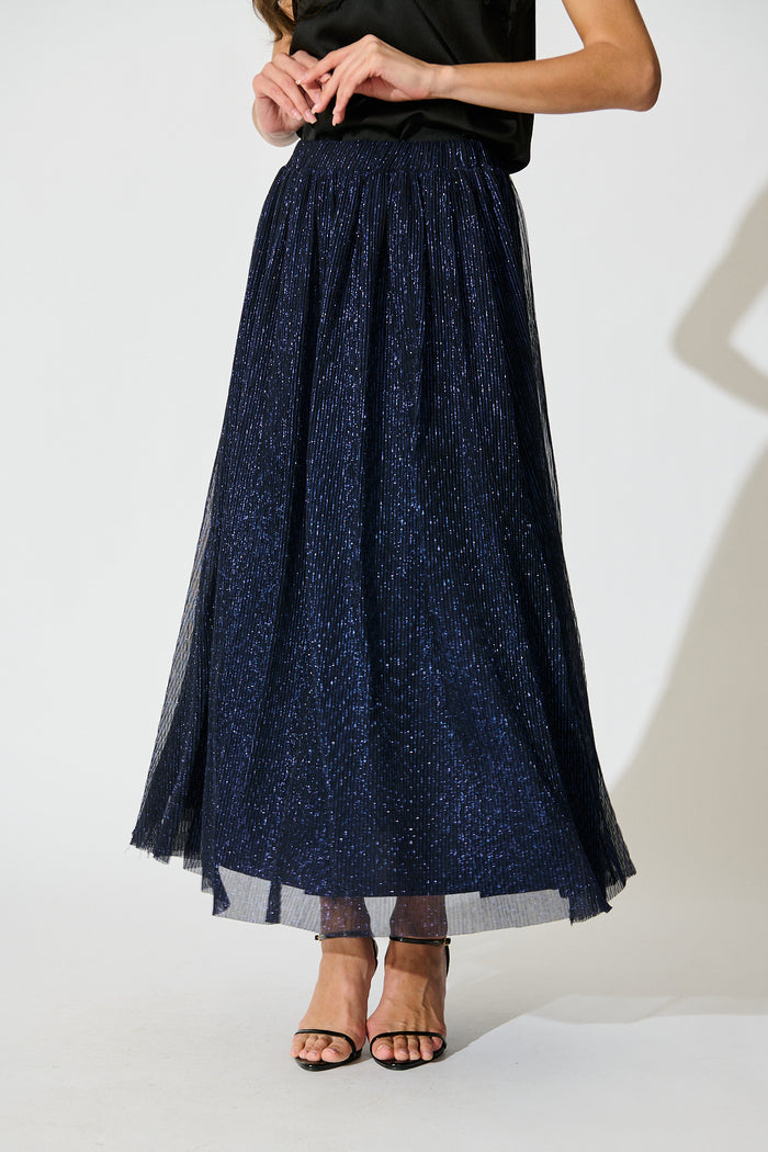 Dip and Dusk Maxi Skirt in Navy Lurex Chiffon front