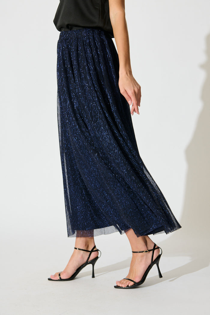 Dip and Dusk Maxi Skirt in Navy Lurex Chiffon side