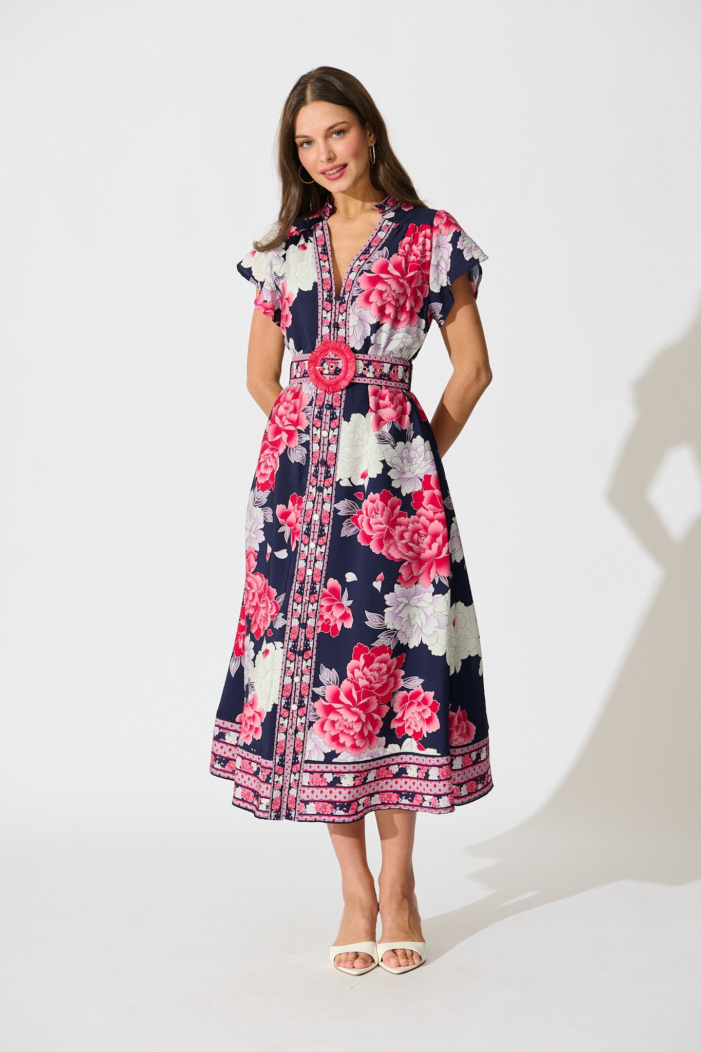 Portofino Bloom Midi Dress in Navy with Pink Floral full length