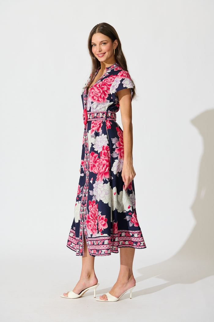 Portofino Bloom Midi Dress in Navy with Pink Floral side