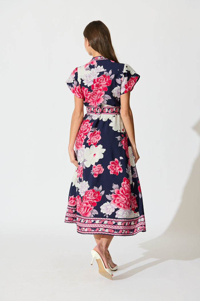 Portofino Bloom Midi Dress in Navy with Pink Floral back