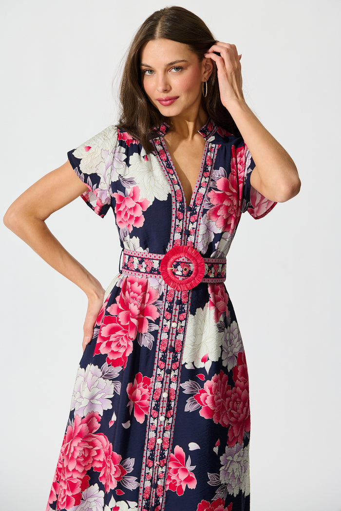 Portofino Bloom Midi Dress in Navy with Pink Floral front