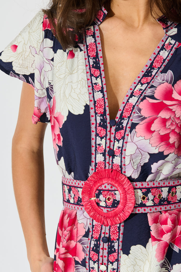 Portofino Bloom Midi Dress in Navy with Pink Floral detail