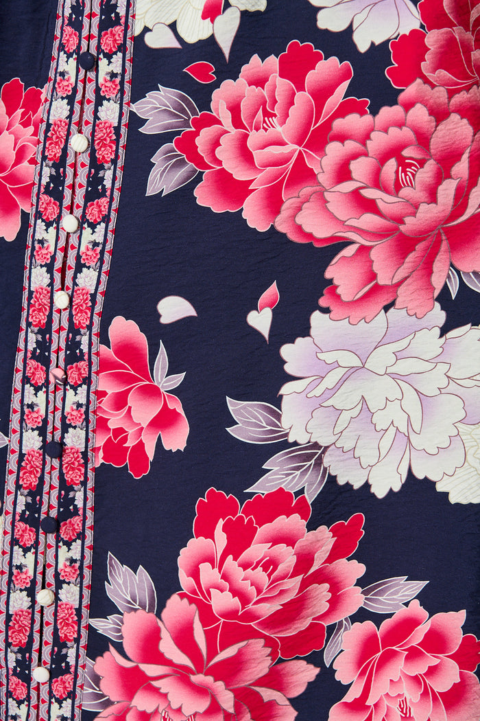 Portofino Bloom Midi Dress in Navy with Pink Floral fabric