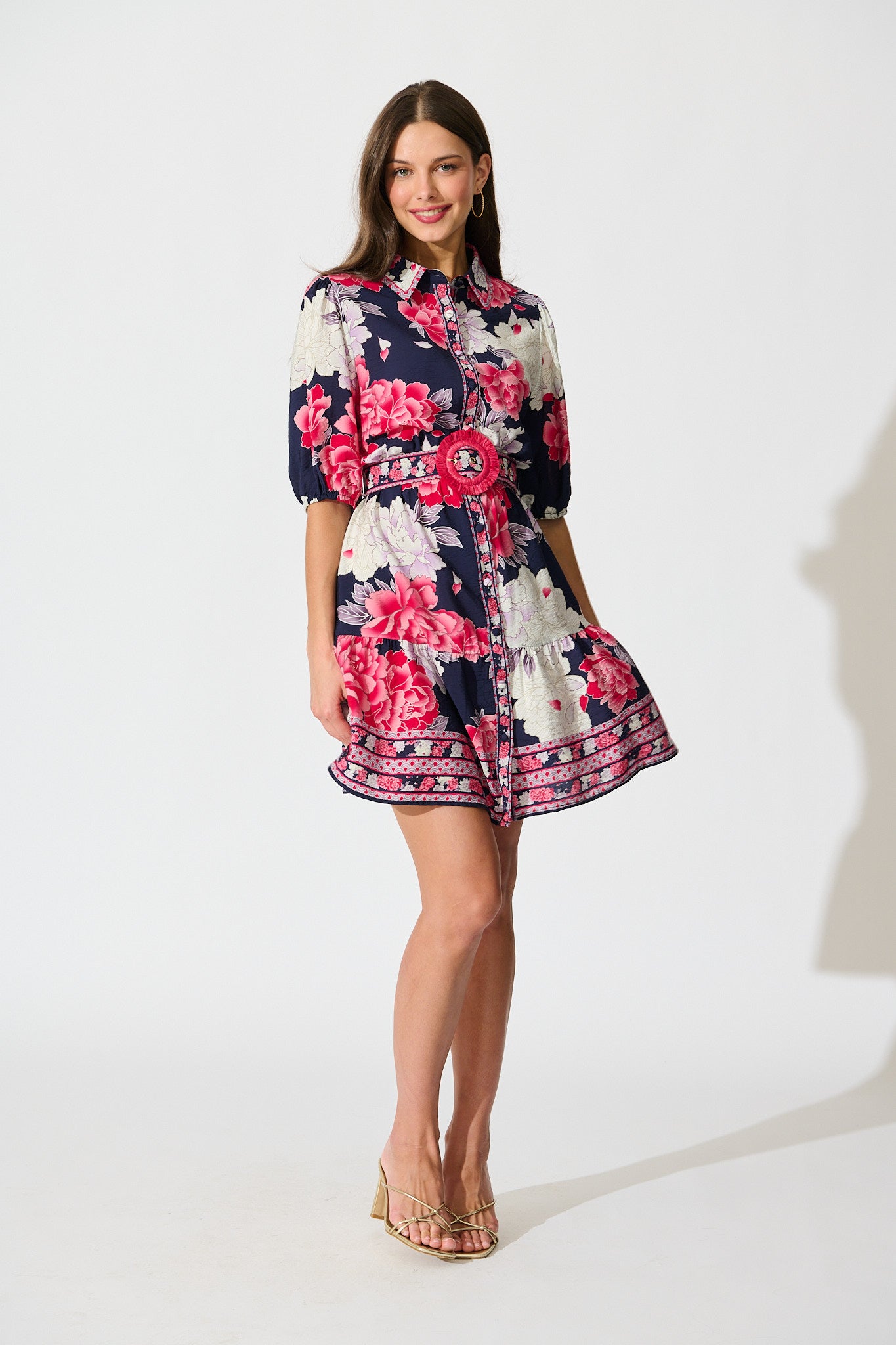 Wild Rosette Shirt Dress in Navy with Pink Floral full length