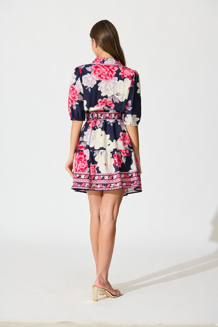 Wild Rosette Shirt Dress in Navy with Pink Floral back
