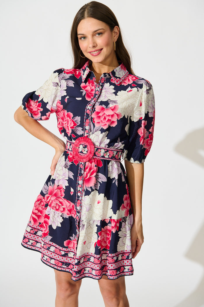 Wild Rosette Shirt Dress in Navy with Pink Floral front