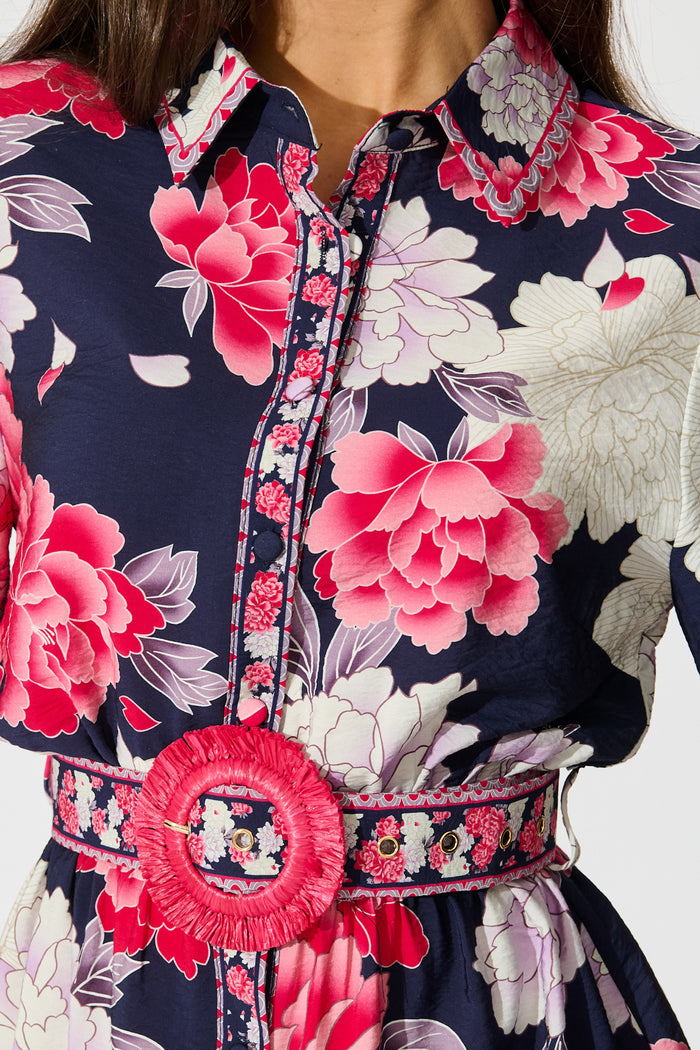 Wild Rosette Shirt Dress in Navy with Pink Floral detail