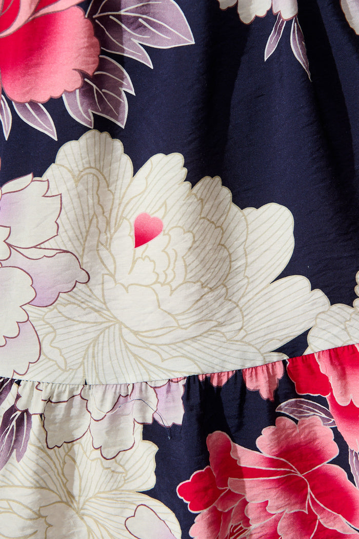 Wild Rosette Shirt Dress in Navy with Pink Floral fabric
