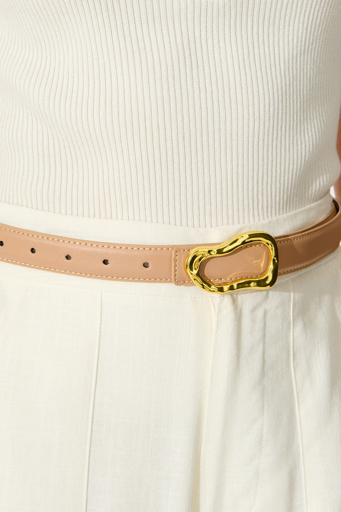Donita Belt in Brown with Gold Irregular Buckle on model close up