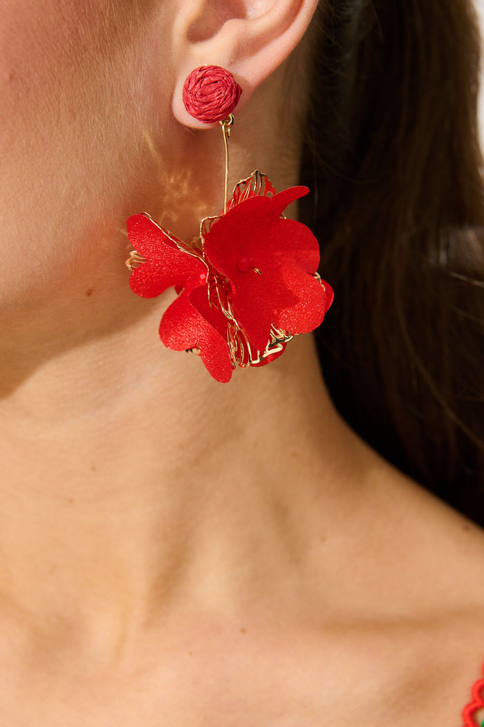 Camila Statement Earrings in Red and Gold Floral on model close up