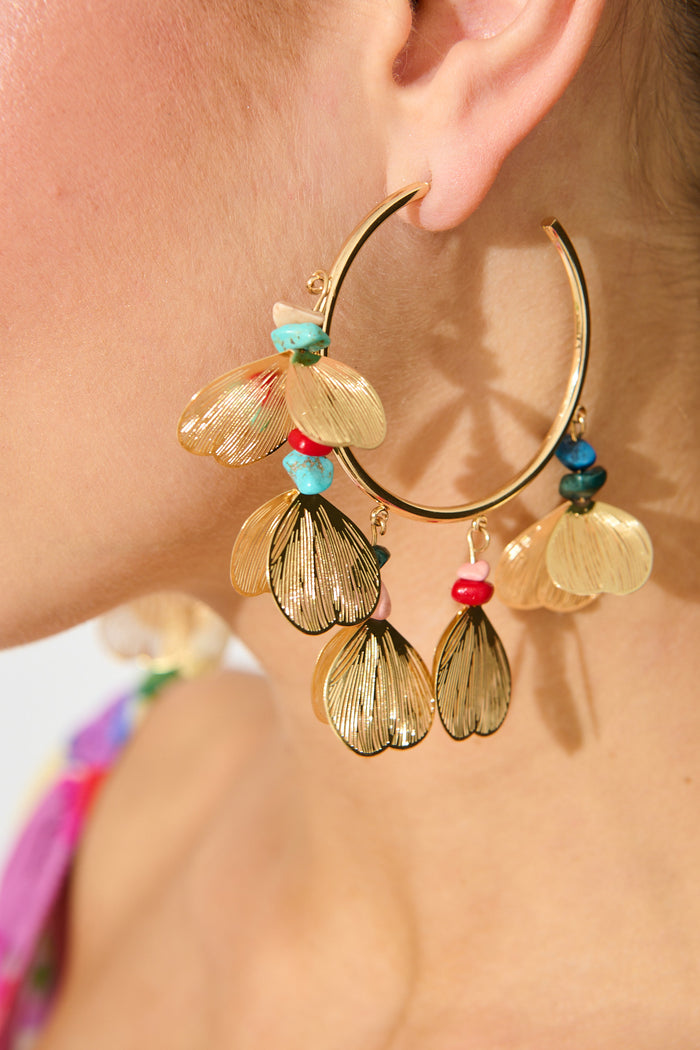 Aurora Beaded Hoop Earrings in Multi Gold on model close up