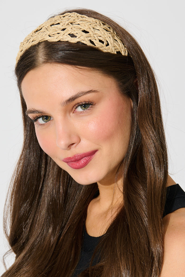 Alfi Braided Straw Headband In Natural Raffia on model front