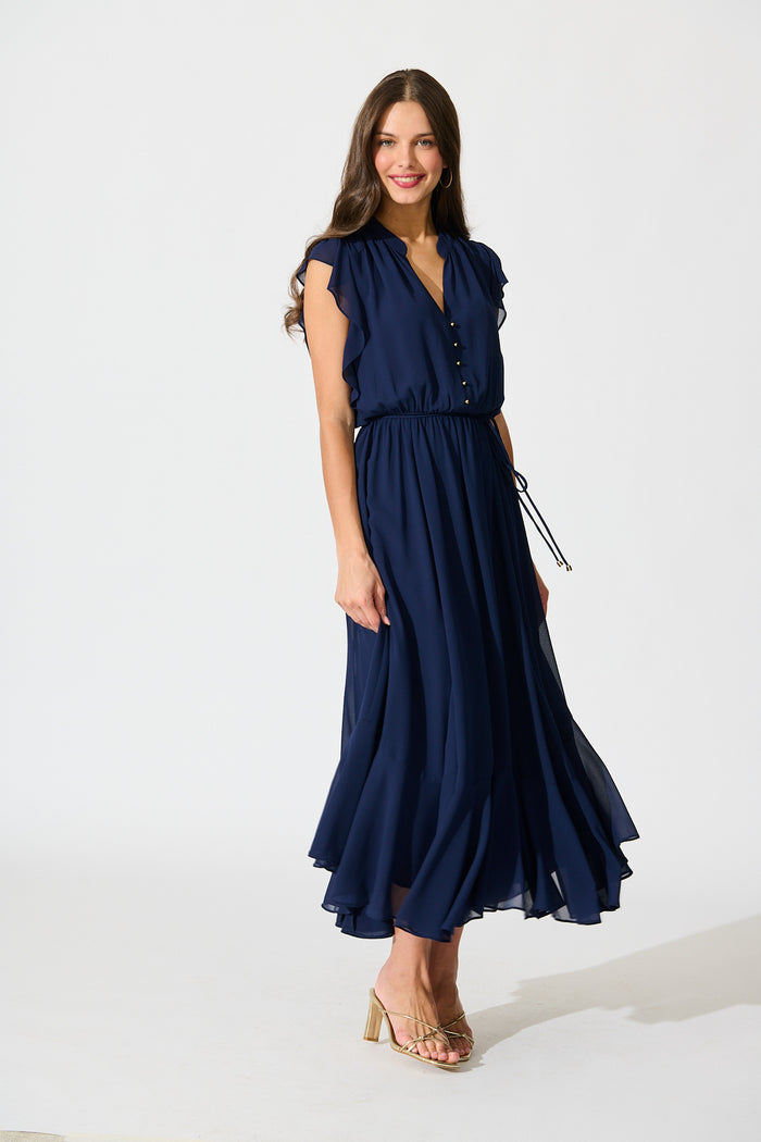 Executive Ease Maxi Dress in Navy Chiffon full length