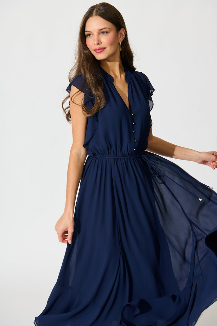 Executive Ease Maxi Dress in Navy Chiffon front