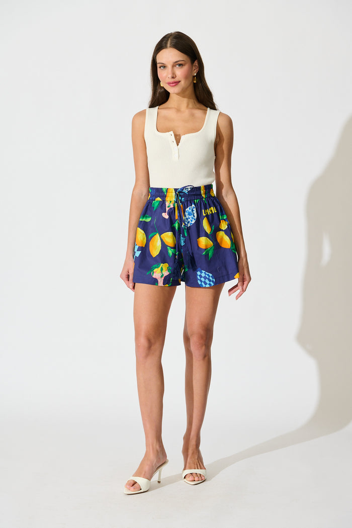Rosela Short in Navy Lemon Print Cotton full length