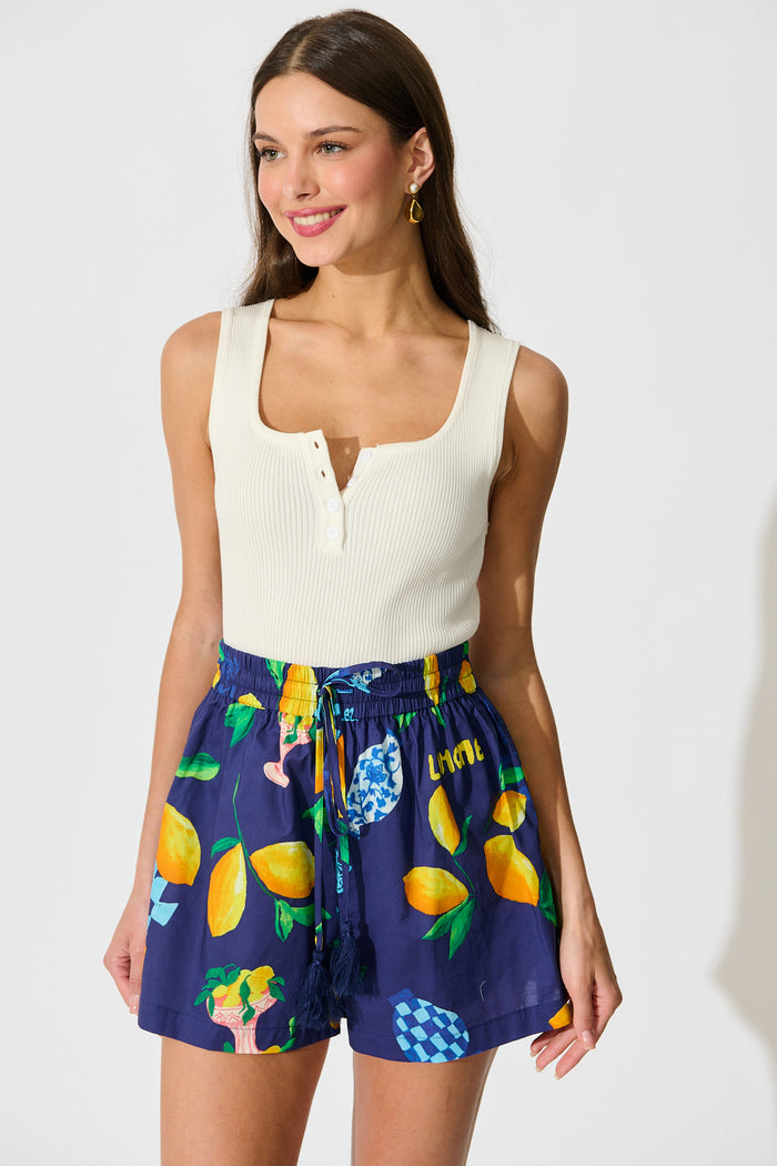 Rosela Short in Navy Lemon Print Cotton