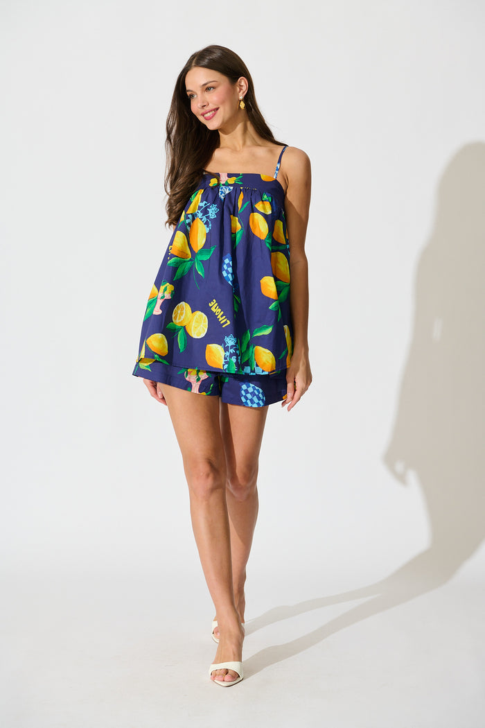 Rosela Short in Navy Lemon Print Cotton full length set