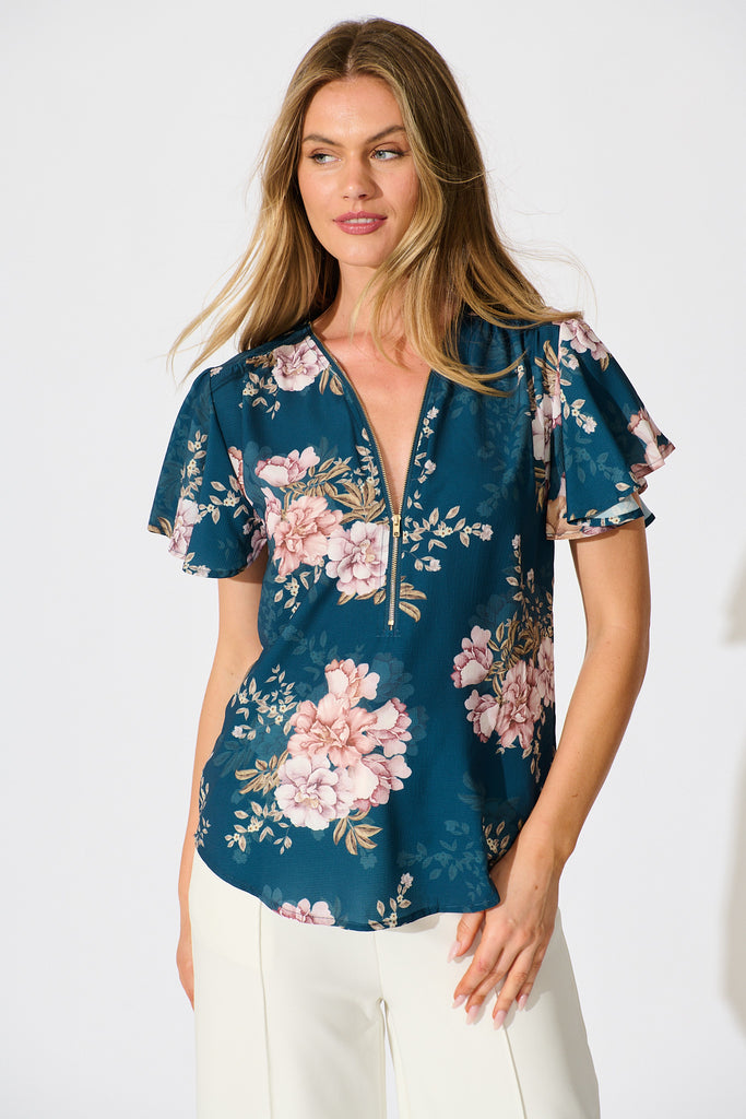 Viviana Zip Top In Teal With Blush Floral
