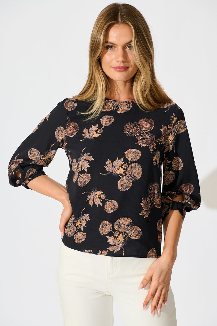 Rhiah Top in Charcoal with Apricot Floral