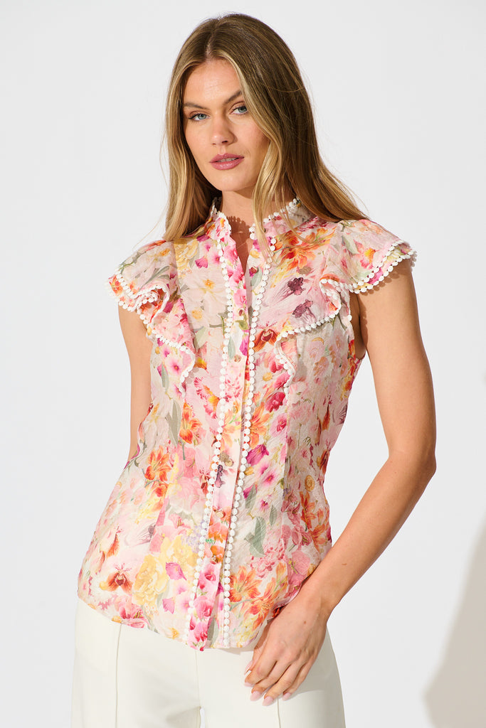 Soft Bloom Top in White with Multi Blush Floral front