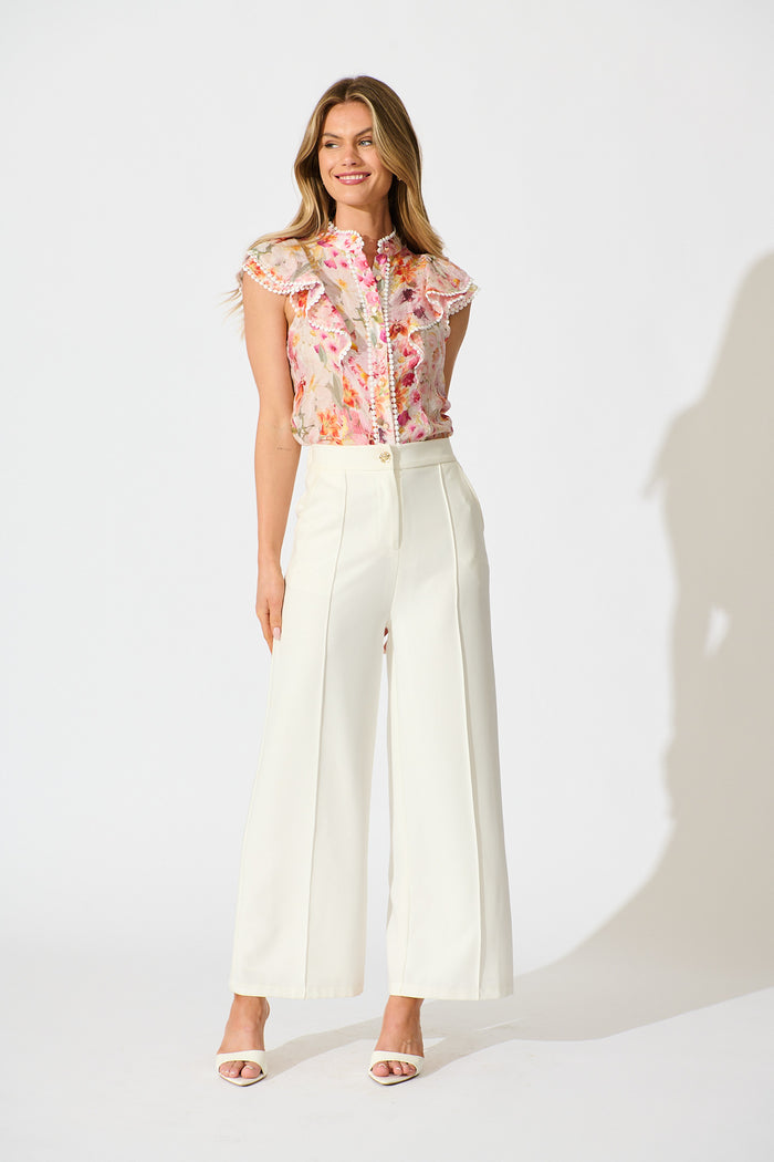 Soft Bloom Top in White with Multi Blush Floral full length