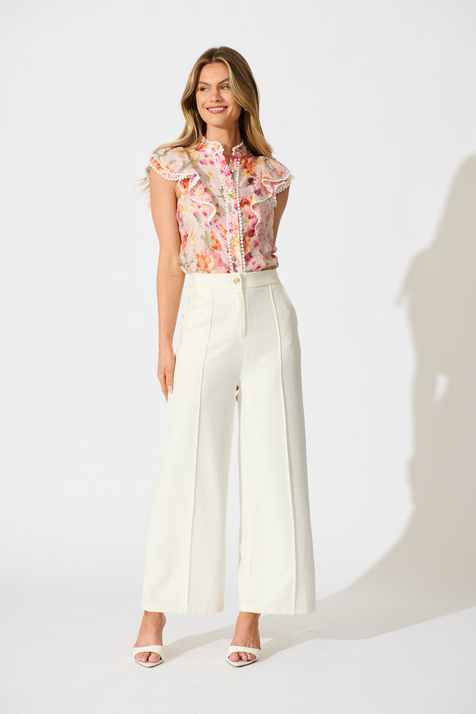 Soft Bloom Top in White with Multi Blush Floral full length