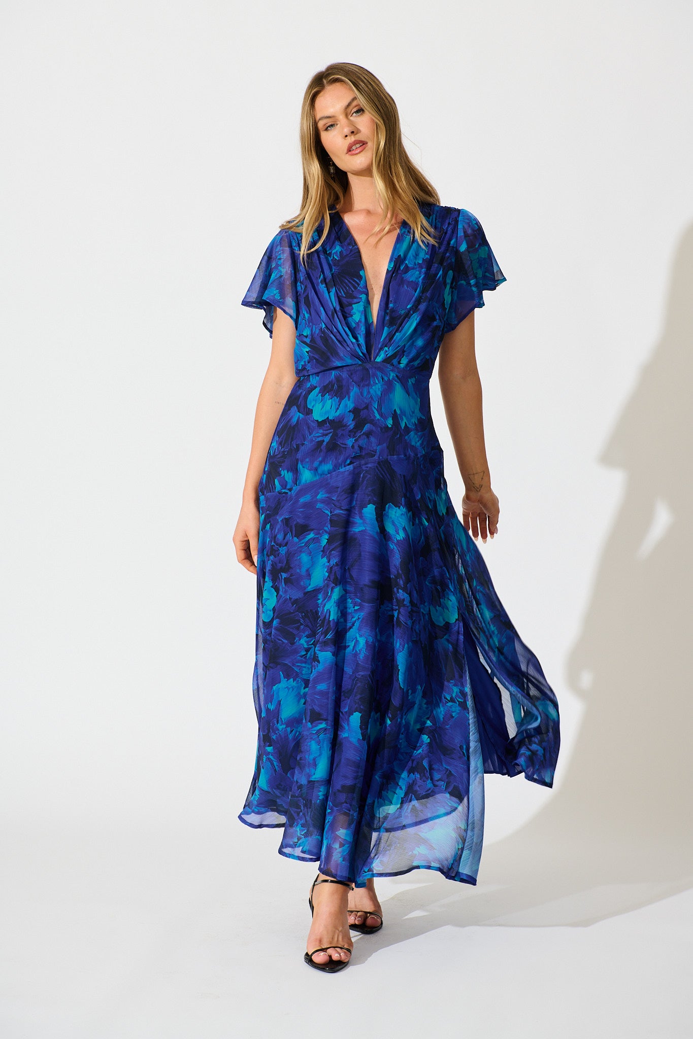 Whisper Lily Maxi Dress in Blue Watercolour Chiffon full length