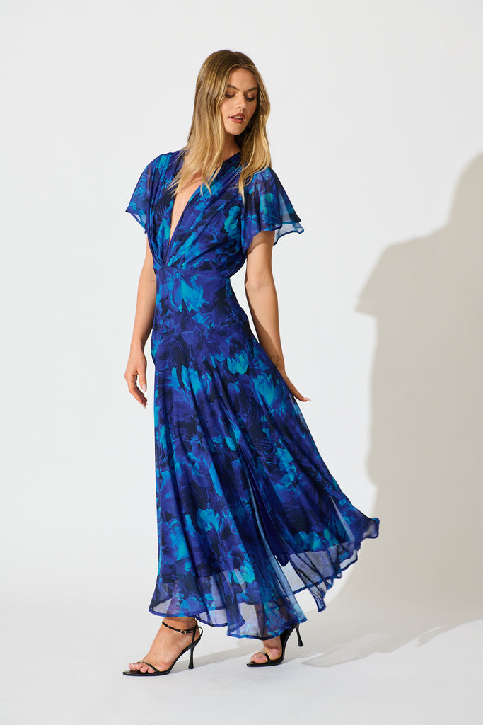 Whisper Lily Maxi Dress in Blue Watercolour Chiffon side