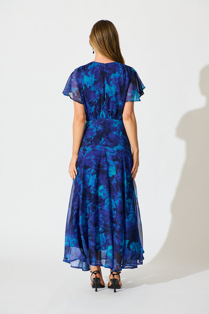 Whisper Lily Maxi Dress in Blue Watercolour Chiffon back