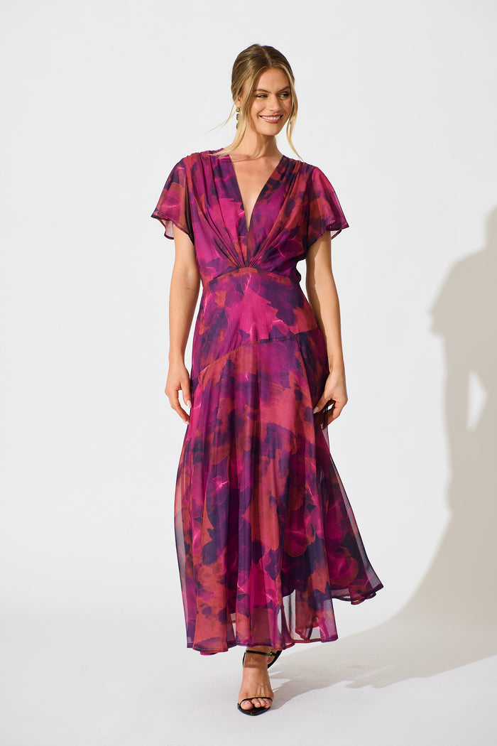 Whisper Lily Maxi Dress in Purple Watercolour Chiffon full length