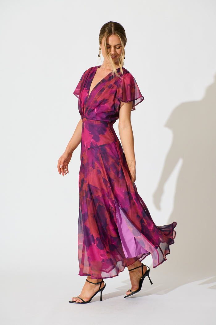 Whisper Lily Maxi Dress in Purple Watercolour Chiffon side