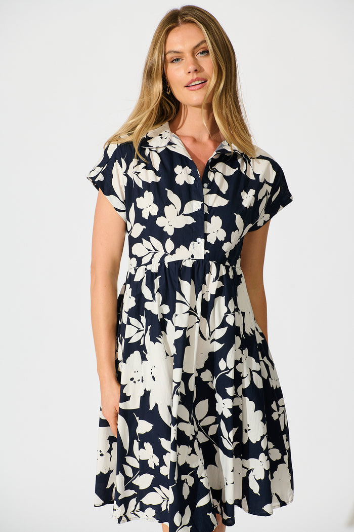 Amour Fields Dress in Navy Floral Cotton Poplin front