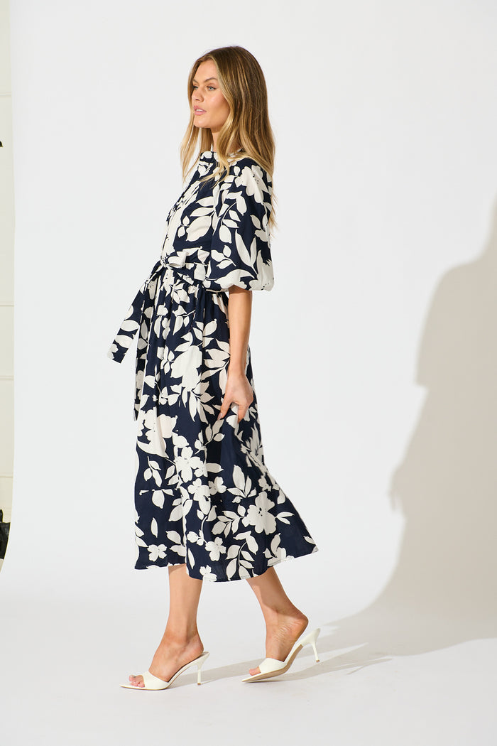 Willow Sky Midi Dress in Navy Floral Cotton Poplin side