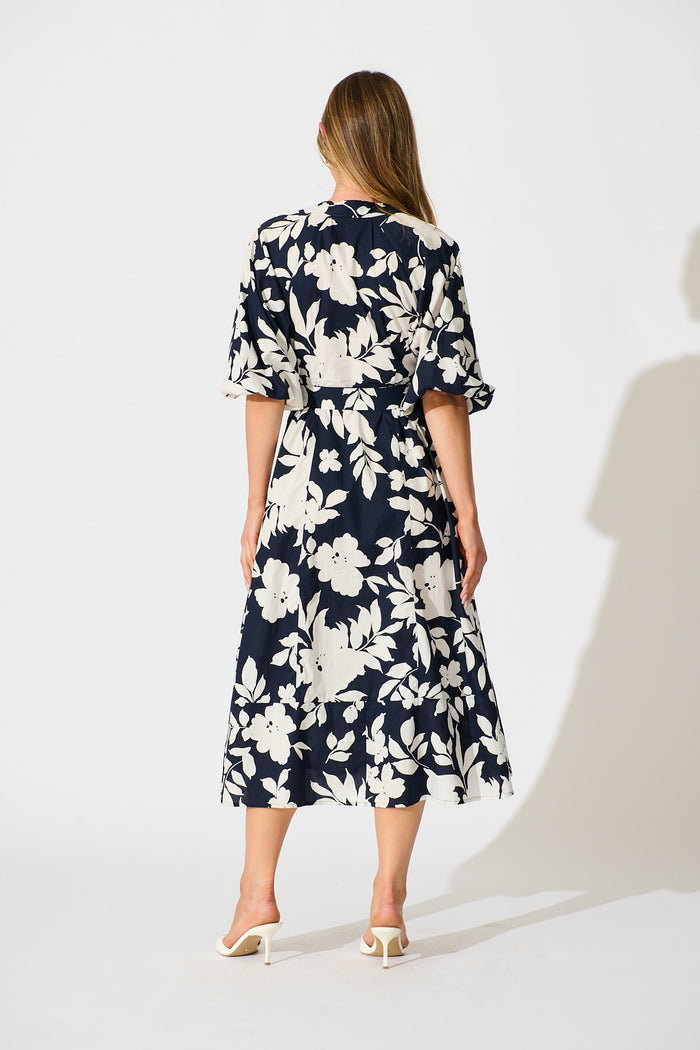 Willow Sky Midi Dress in Navy Floral Cotton Poplin back