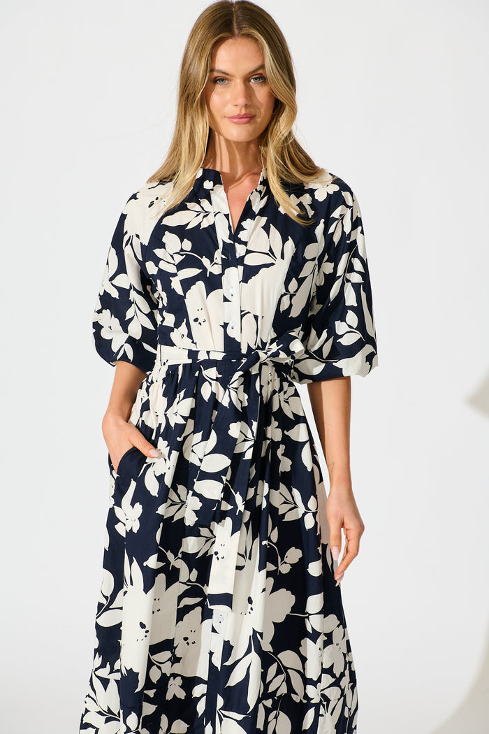 Willow Sky Midi Dress in Navy Floral Cotton Poplin front